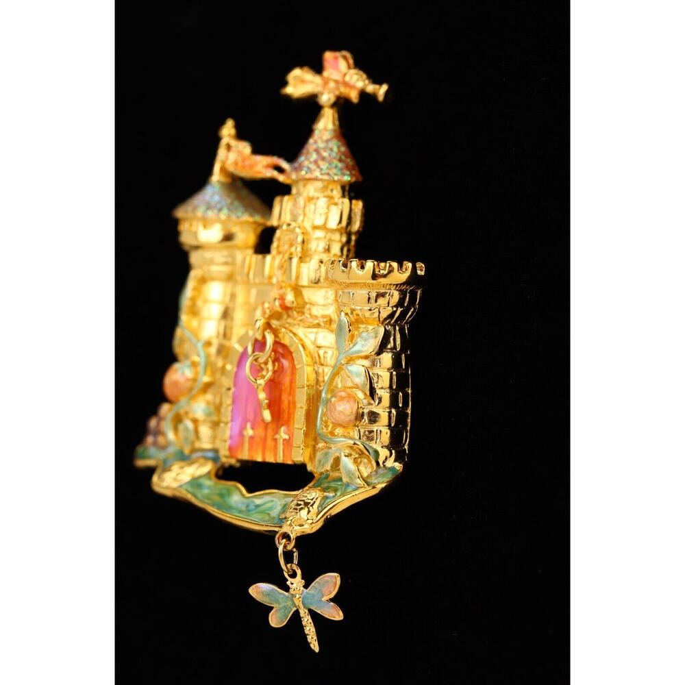 Kirks Folly Vintage Castle Pin Brooch Drawbridge Crystal Brushed Gold NOS BOX - Picture 3 of 12